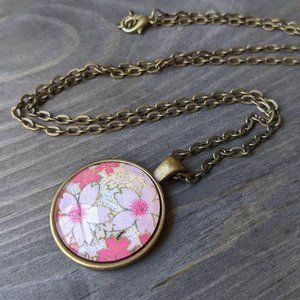 Glass Dome Cabochon Necklace with Pink & White Cherry Blossom Chiyogami Paper